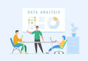 Data analysis concept with characters. Business Meeting Teamwork Concept. Man and Woman with Laptop. Colleagues Communicating Brainstorming, Discussion Idea. Vector flat cartoon illustration