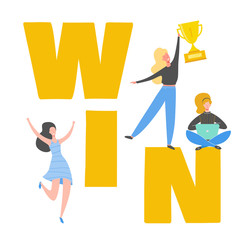 Set of Woman celebrating victory, achieving reward, prize. People Success vector concept illustration. Business leader characters. Businessman and businesswoman winning trophy