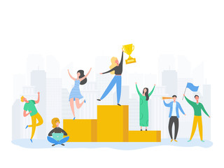 Set of Man and Woman celebrating victory, achieving reward, prize. People Success vector concept illustration. Business leader characters. Businessman and businesswoman winning trophy