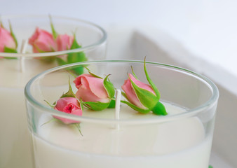 Сandle making - Handmade soy wax candle in glass on white background. Front view. Healthy lifestyle concept