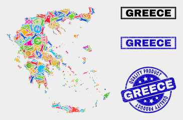 Vector collage of industrial Greece map and blue watermark for quality product. Greece map collage formed with equipment, spanners, production symbols.