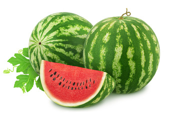 Composition with whole ripe watermelons and slice isolated on white background. As design elements.
