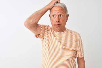 Senior grey-haired man wearing striped t-shirt standing over isolated white background confuse and...