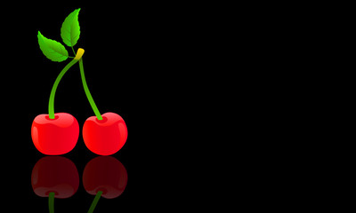 Cherries illustration on black background and its reflection