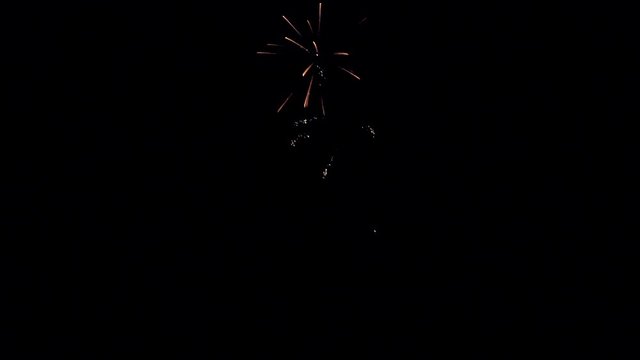 A black sky with fireworks bursting into frame is a beautiful sight. Segment 4 of 8 in slow motion, and is one part of a longer clip when placed together.