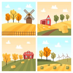 Set of autumn landscapes. Village scenery with field and mill, farm and barn. Rural countryside. Fall concept. Stack of hay and cabbage. Cartoon flat  vector illustration.