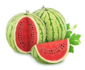 Composition with cutted ripe watermelons and leaves isolated on white background. As design elements.