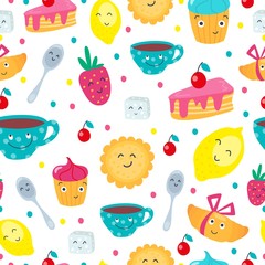 Funny cartoon seamless pattern with sweets and  tea cup with faces and emotions for kids. Cute mugs and cakes emojis with smile. Vector illustration, cartoon flat style.