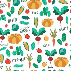 Vegetable Seamless pattern with tomato and pumpkin, cucumber and pepper, corn and cabbage, salad and carrot. Hand drawn cartoon vector illustration of background. 