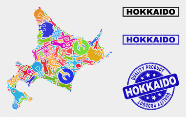 Vector collage of tools Hokkaido map and blue seal for quality product. Hokkaido map collage constructed with tools, spanners, industry icons.