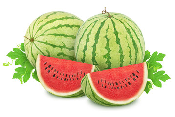 Composition with ripe watermelons and leaves isolated on white background. As design elements.