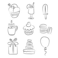 Sketch of drinks, pastries, sweets, gift for the holidays. Elements isolated on white. Vector illustration.