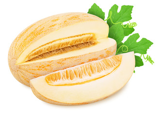 Composition with whole ripe melon and slice isolated on white background. As design elements.