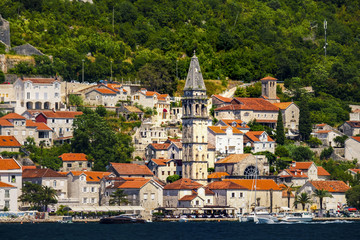 Classic  view of the historic town of Perast located at world-famous Bay of Kotor on a beautiful...