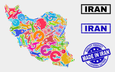 Vector collage of service Iran map and blue stamp for quality product. Iran map collage composed with equipment, wrenches, science symbols. Vector abstract collage of Iran map for service business,