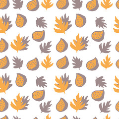 Seamless pattern with fig fruits and leaves. Beautiful modern print with hand drawn plants in sketch style.