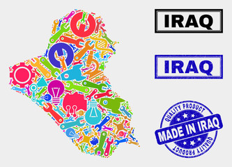 Vector collage of service Iraq map and blue seal for quality product. Iraq map collage constructed with equipment, spanners, science symbols. Vector abstract collage of Iraq map for service business,