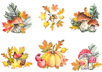 Fototapeta na wymiar Autumn bouquets with colorful leaves, pumpkin, apples, boletus mushrooms, pine cone, acorns, rosehip and fly agaric mushrooms. Watercolor isolated on white background.