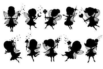 Black silhouette set of flying butterfly fairy with different shape magic wand and wearing clothes cartoon character design flat vector illustration