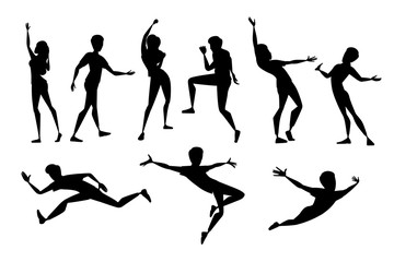 Black silhouette set of people in different poses wearing casual clothes cartoon character design flat vector illustration isolated on white background