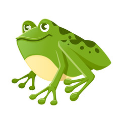 Cute smiling green frog sitting on ground cartoon animal design flat vector illustration isolated on white background