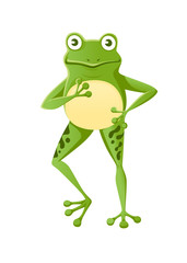 Cute smiling green frog standing on two legs cartoon animal design flat vector illustration isolated on white background