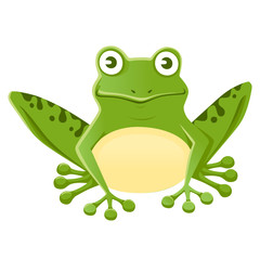 Cute smiling green frog sitting on ground cartoon animal design flat vector illustration isolated on white background