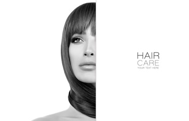 Grayscale beauty model girl with gorgeous long healthy hair. Haircare and hair salon beauty template