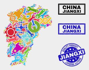Vector collage of tools Jiangxi Province map and blue watermark for quality product. Jiangxi Province map collage created with tools, spanners, industry icons.