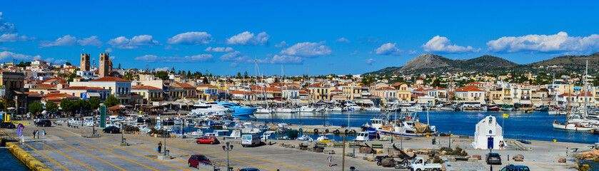 Fototapeta na wymiar Panoramic view of Aegina port in Aegina island, Greece on June 19, 2017