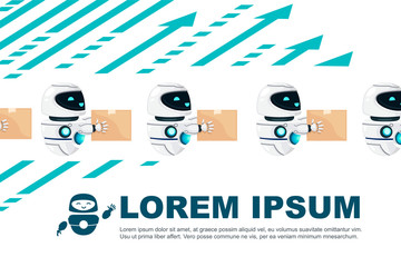 Group of cute white modern levitating robot with happy face hold the cardboard box flat vector illustration on white background with arrows horizontal banner