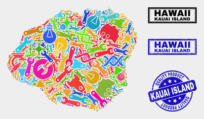 Naklejka premium Vector combination of tools Kauai Island map and blue stamp for quality product. Kauai Island map collage made with tools, spanners, industry symbols.