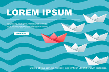 Folded paper boats on water waves following the leader abstract concept flat vector illustration horizontal banner design