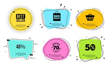 40% off Sale. Best seller, quote text. Discount offer price sign. Special offer symbol. Quotation bubble. Banner badge, texting quote boxes. Discount text. Coupon offer. Vector