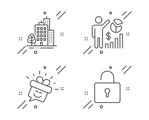 Smile, Seo statistics and Buildings line icons set. Lock sign. Gift box, Analytics chart, City architecture. Private locker. Business set. Line smile outline icon. Vector