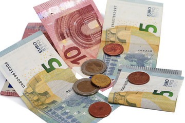 Banknotes of virious value, euro and coins
