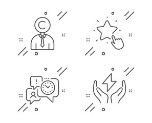 Ranking star, Copyrighter and Time management line icons set. Safe energy sign. Click rank, Writer person, Office chat. Thunderbolt. People set. Line ranking star outline icon. Vector