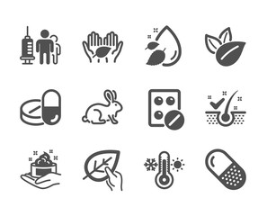 Set of Healthcare icons, such as Thermometer, Anti-dandruff flakes, Organic product, Medical tablet, Skin care, Water drop, Capsule pill, Medical drugs, Animal tested, Fair trade. Vector