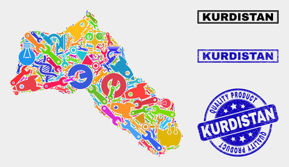 Vector collage of tools Kurdistan map and blue watermark for quality product. Kurdistan map collage created with tools, wrenches, industry icons.