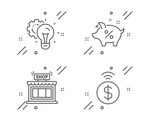 Idea gear, Shop and Loan percent line icons set. Contactless payment sign. Technology process, Store, Piggy bank. Financial payment. Line idea gear outline icon. Vector