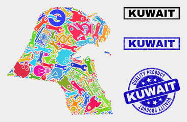 Vector composition of tools Kuwait map and blue seal for quality product. Kuwait map collage created with tools, wrenches, industry symbols. Vector abstract collage of Kuwait map for service business,