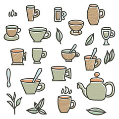 Tea set. Cups and teapots. Vector illustration.