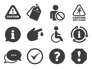 Question mark and information signs. Discount offer tag, chat, info icon. Attention notification icons. Injury and disabled person symbols. Classic style signs set. Vector