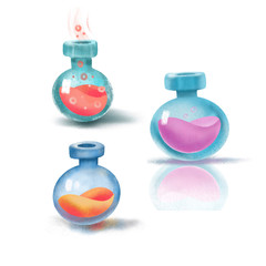 Drawn textured Chemistry Glass Volumetric Flask with colorful liquid inside. Set of Round magic chemistry tubes Isolated On white Background. 3d Illustration