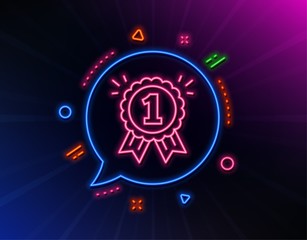Reward Medal line icon. Neon laser lights. Winner achievement or Award symbol. Glory or Honor sign. Glow laser speech bubble. Neon lights chat bubble. Banner badge with reward icon. Vector