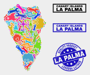 Vector collage of technology La Palma Island map and blue watermark for quality product. La Palma Island map collage composed with equipment, spanners, science symbols.