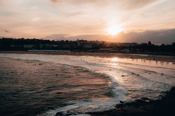 Warm sunset over Bondi Beach on a cold winter afternoon.
