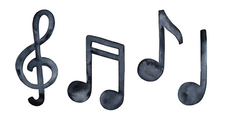 Watercolour illustration collection of musical symbols: clef and music notes. Handdrawn black water color grungy painting on white background, cut out clip art elements for creative design decoration. © Julija