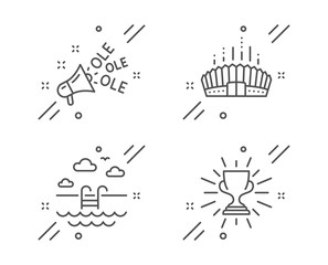 Swimming pool, Ole chant and Arena stadium line icons set. Trophy sign. Basin, Megaphone, Competition building. Winner cup. Sports set. Line swimming pool outline icon. Vector