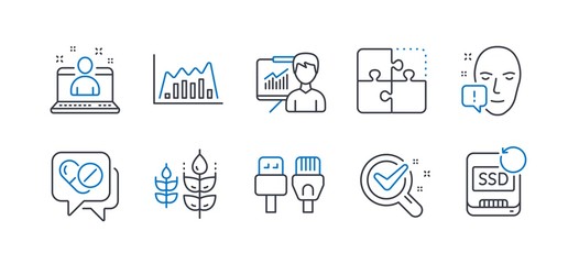 Set of Science icons, such as Presentation, Face attention, Best manager, Chemistry lab, Gluten free, Puzzle, Medical drugs, Infographic graph, Computer cables, Recovery ssd line icons. Vector
